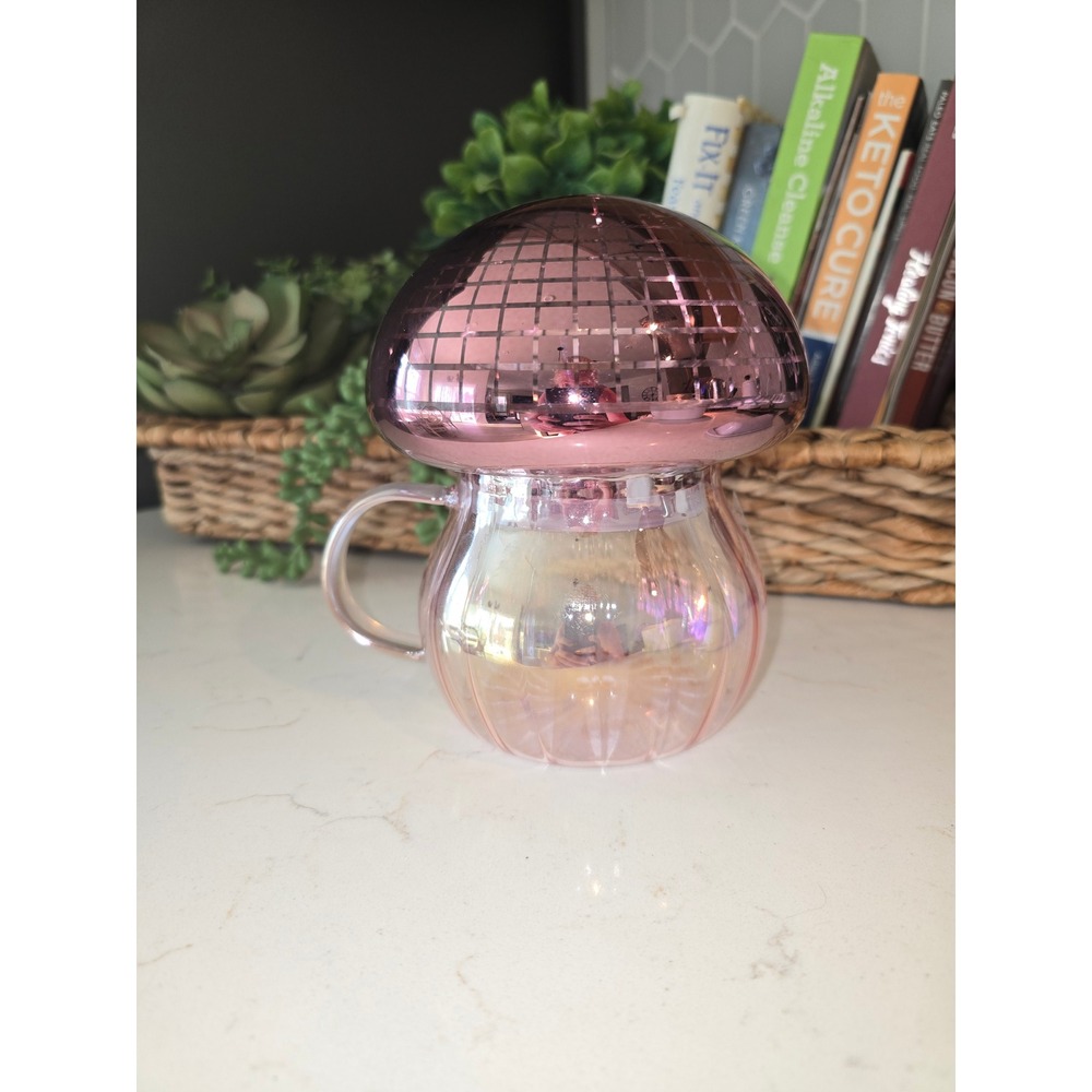 Iridescent Pink Mushroom Glass‎ Mug with Disco Ball Lid Retro Kitsch Decor